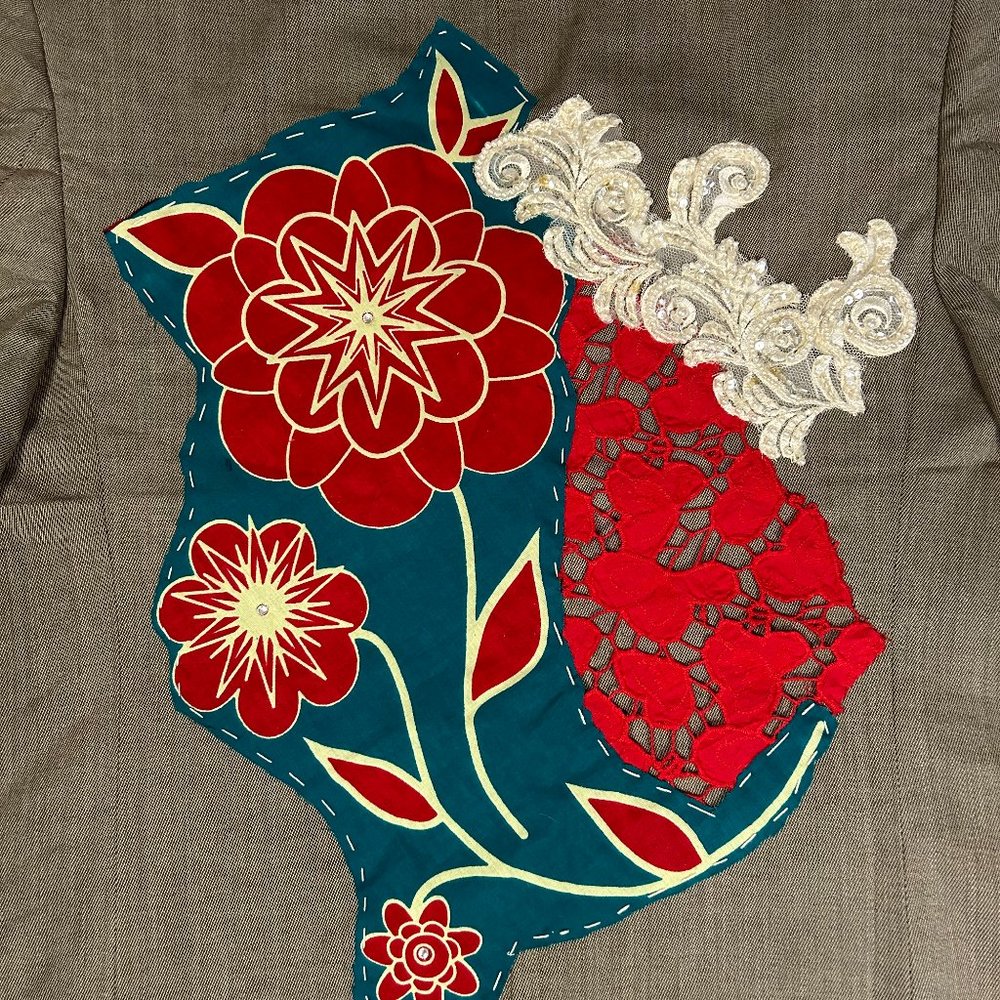 Upcycled Embellished Ankara/Sequin Lace/Rhinestone Blazer Wool M - Picture 3 of 11